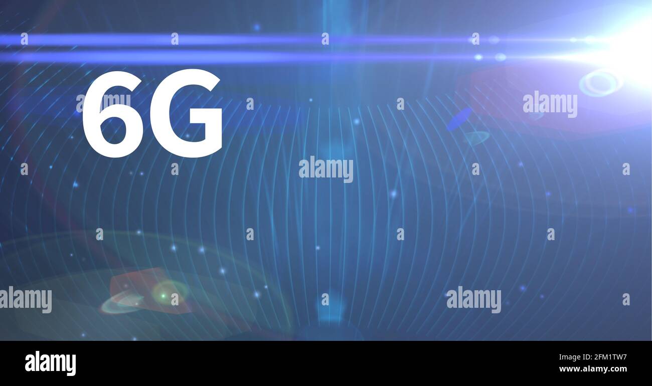 Composition de 6 g de texte sur des traces de lumière bleue luminescentes arrière-plan bleu Banque D'Images
