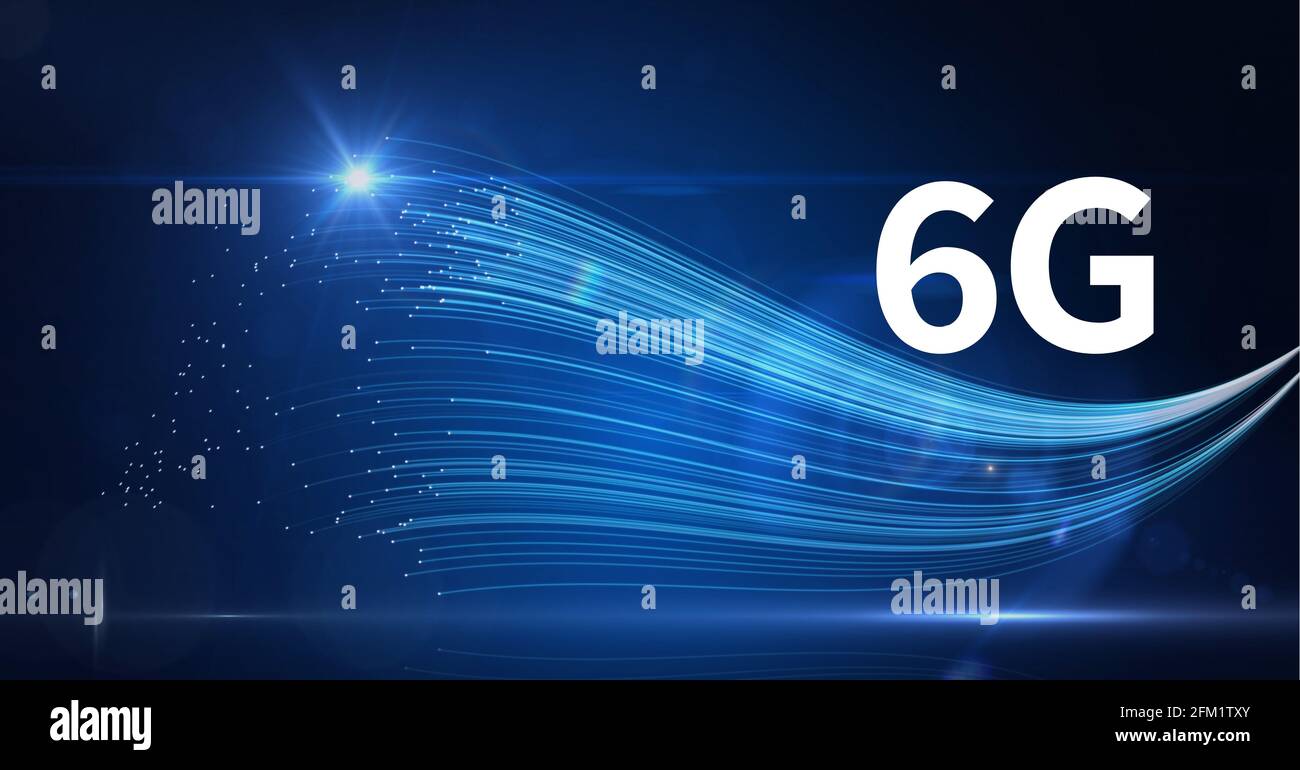 Composition de 6 g de texte sur des traces de lumière bleue luminescentes arrière-plan bleu Banque D'Images