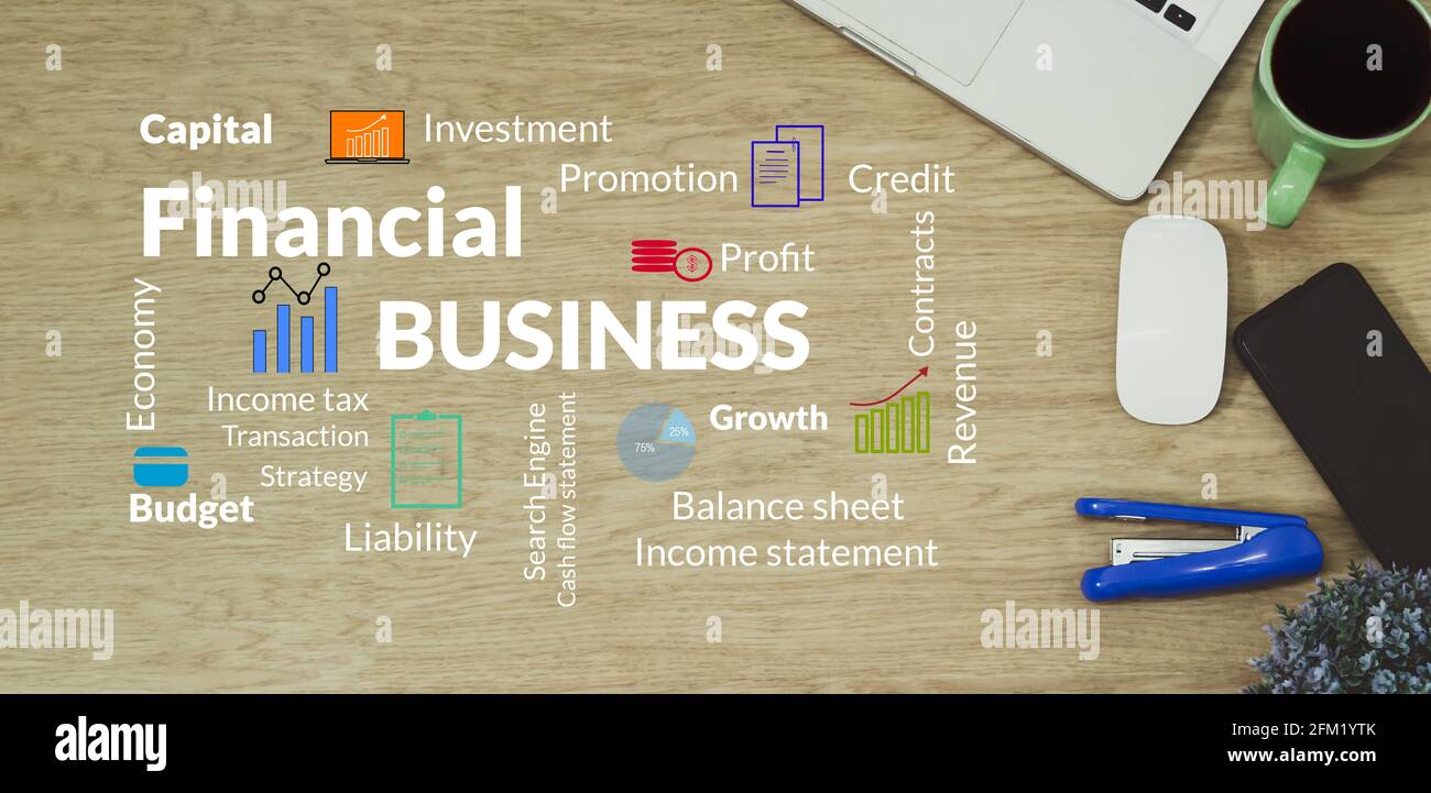 Concept de financement d'entreprise. Mots nuage de mots-clés investissement financier crédit.vue de dessus Banque D'Images