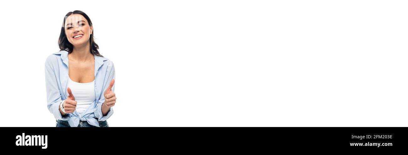 bonne femme en chemise bleue montrant les pouces isolés sur blanc, bannière Banque D'Images