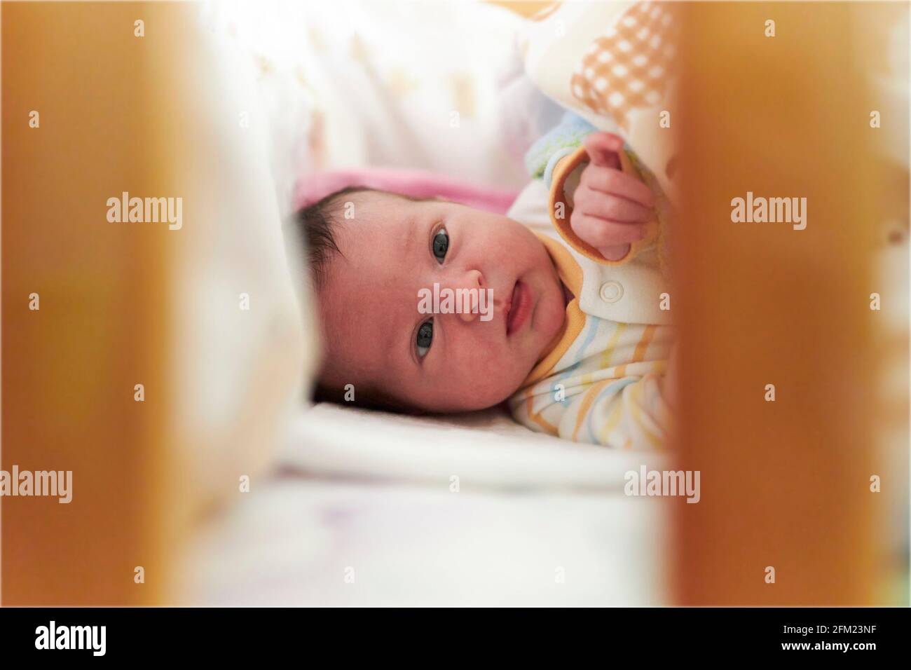 Gros plan d'un bébé nouveau-né mignon dans sa petite lit enfant Banque D'Images