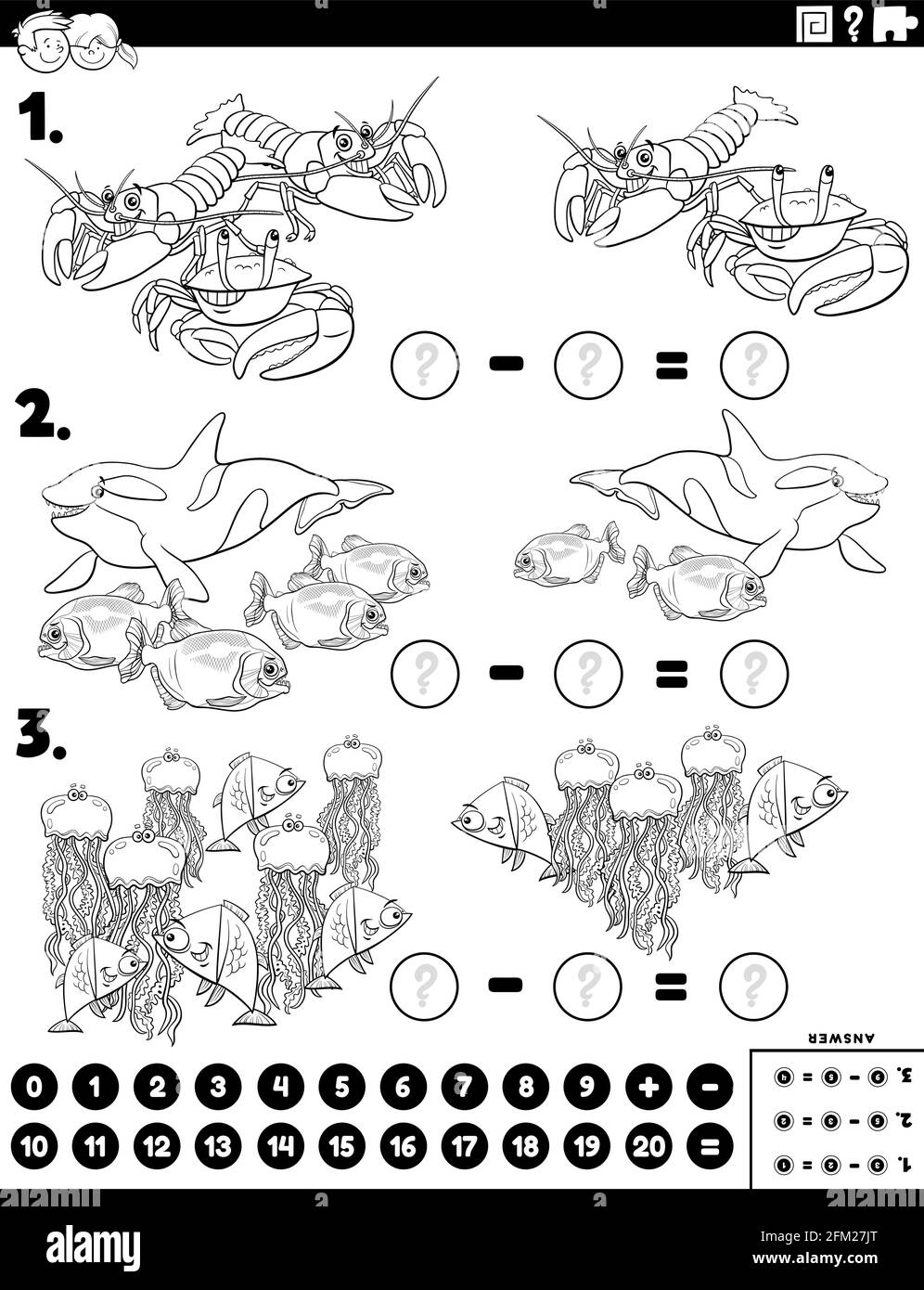 Illustration de dessin animé noir et blanc d'un puzzle éducatif de soustraction mathématique tâche pour les enfants avec la vie de mer animaux caractères coloriage livre p Illustration de Vecteur