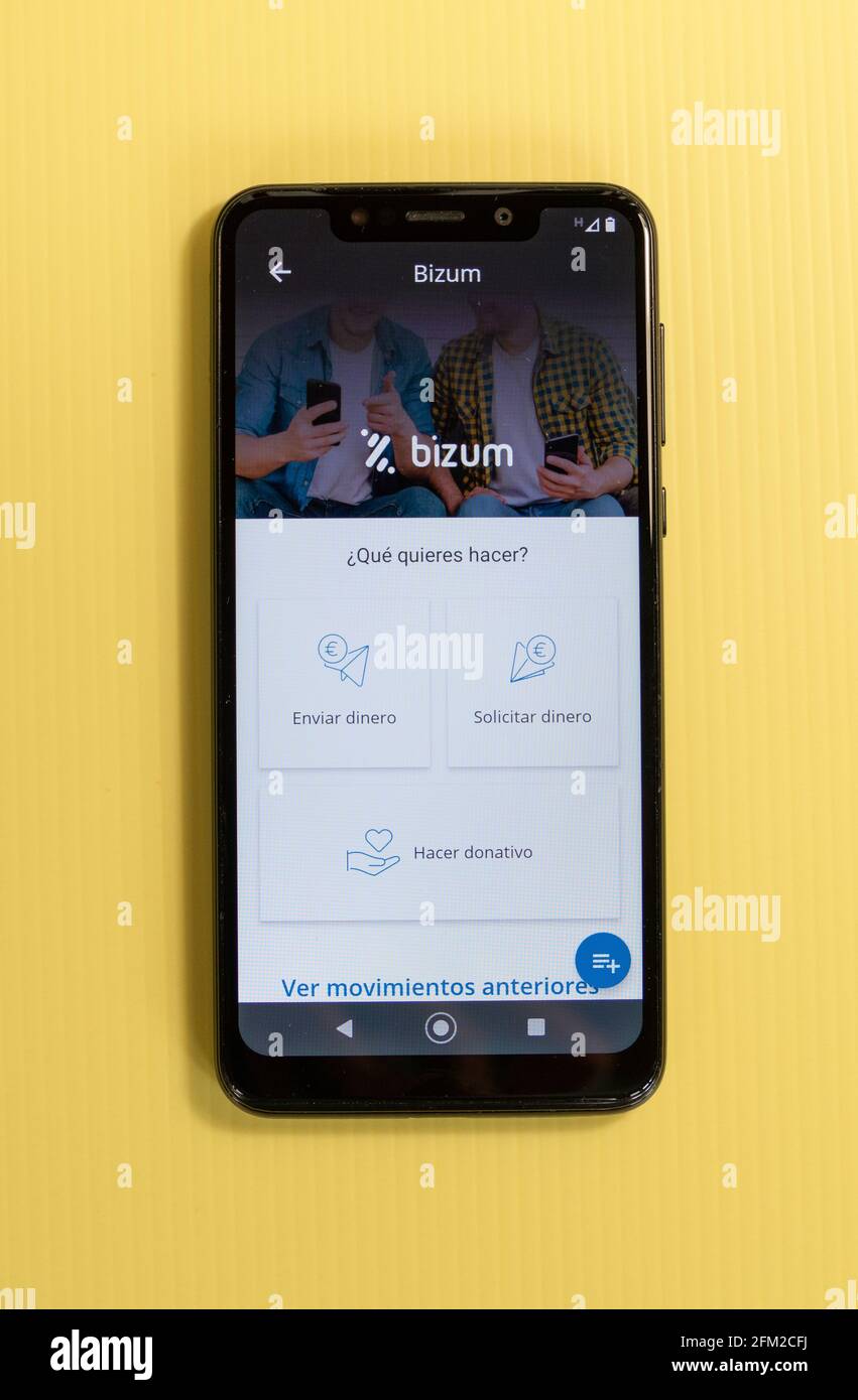 Puerto del Rosario, Espagne; 5 mai 2021: Bizum APP services de paiement bancaire Banque D'Images