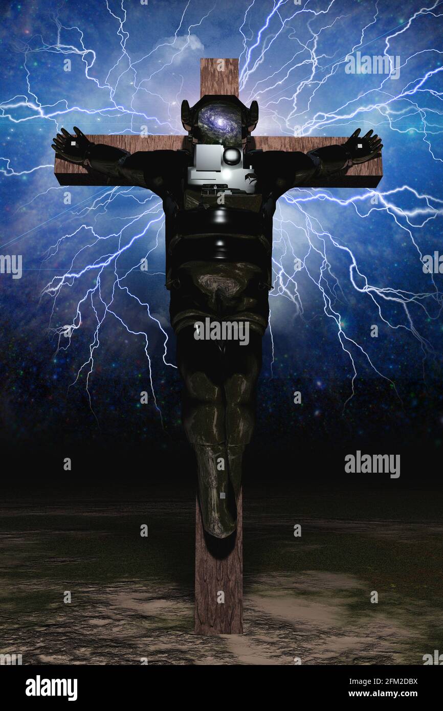 Astronaute crucifié dans un paysage aride. Rendu 3D. La foudre rayonne de l'intérieur. Banque D'Images