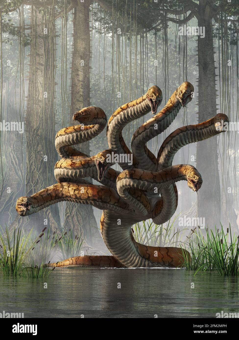 L'hydre est un monstre à plusieurs têtes de serpent de la mythologie grecque et romaine antique qui a été tué par Hercules. Rendu 3D Banque D'Images
