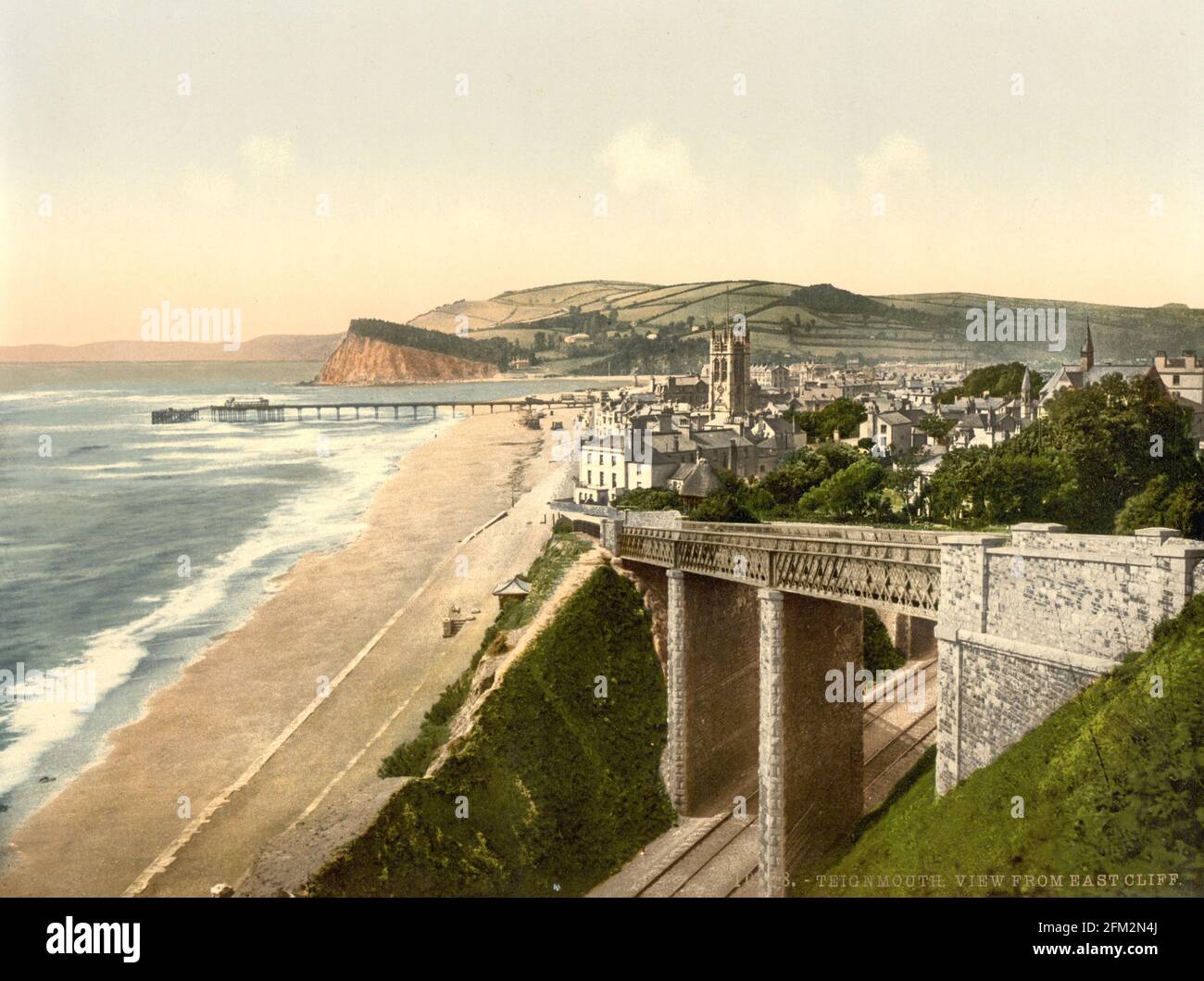 Front de mer de Teignmouth et pont de Slopey , Devon vers 1890-1900 Banque D'Images