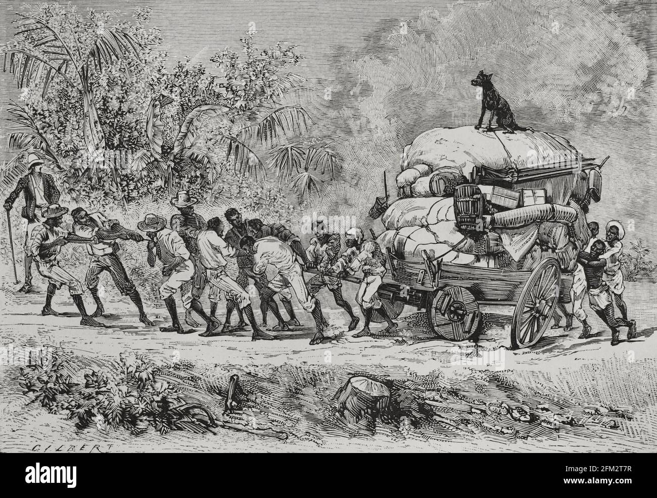 Histoire de l'Afrique. 19e siècle. Transport de marchandises sur les routes du Congo. Gravure. El Congo y la Creación del Estado Independiente de este nombre. Historia de los Trabajos y Exploraciones Verificados (le Congo et la fondation de son État libre. Une histoire de travail et d'exploration), par Henry M. Stanley. Édité à Barcelone, vers 1890. Espagne. Banque D'Images