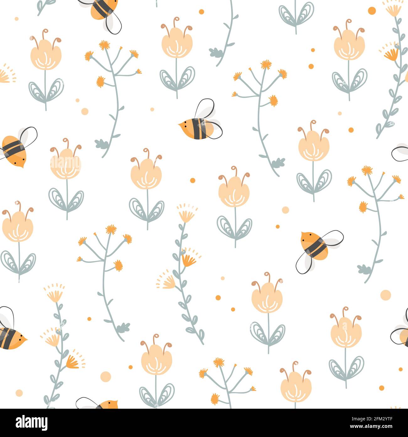 Motif vectoriel sans coutures avec fleurs d'abeille et de coolette. Vintage main dessin texture florale. Fond naturel de dessin animé Illustration de Vecteur