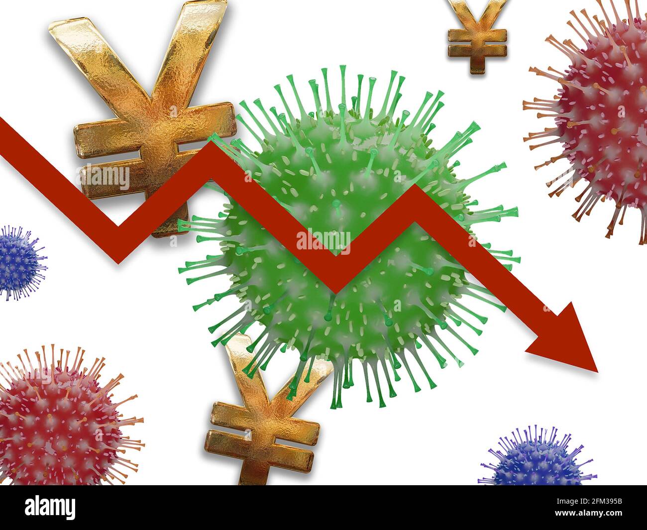 Coronavirus : flèche vers le bas et symbole yen. Banque D'Images