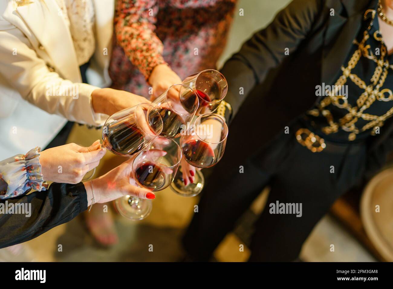 Gros plan sur les mains de femmes inconnues portant des lunettes de la dégustation de vin rouge Banque D'Images