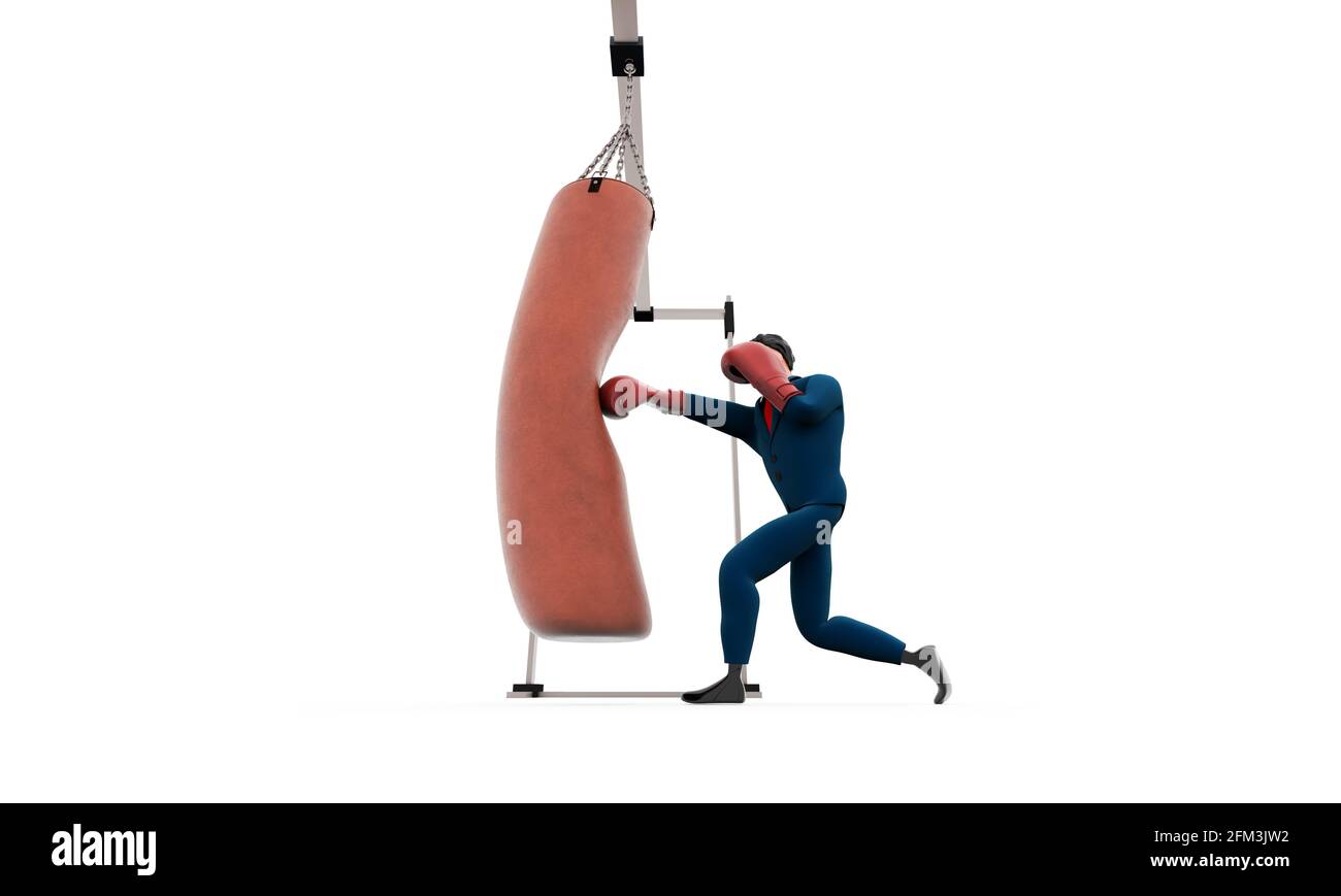 Homme de dessin animé en costume frappant le sac de frappe pour l'illustration 3D de formation de boxe Banque D'Images