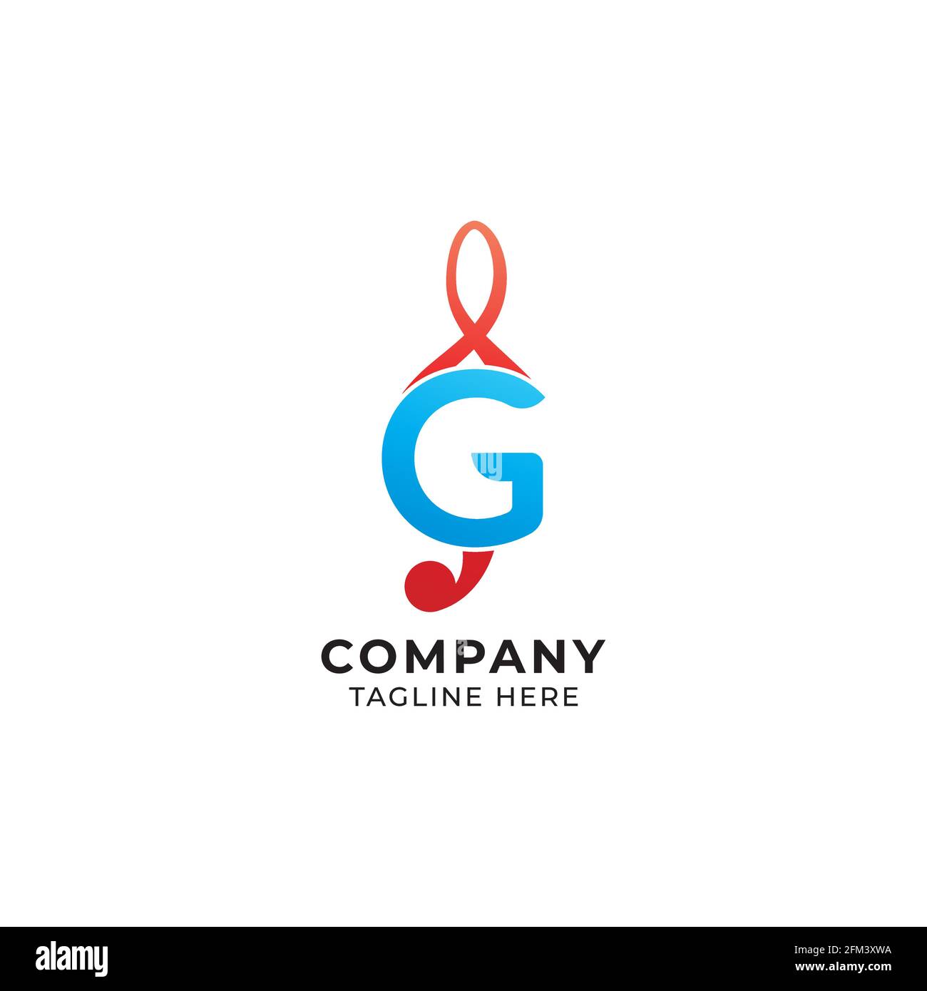 Lettre G Alphabet musique logo Design isolé sur fond blanc. Note initiale et musicale, concept du logo Treble Clef. Thème bleu clair et orange Illustration de Vecteur