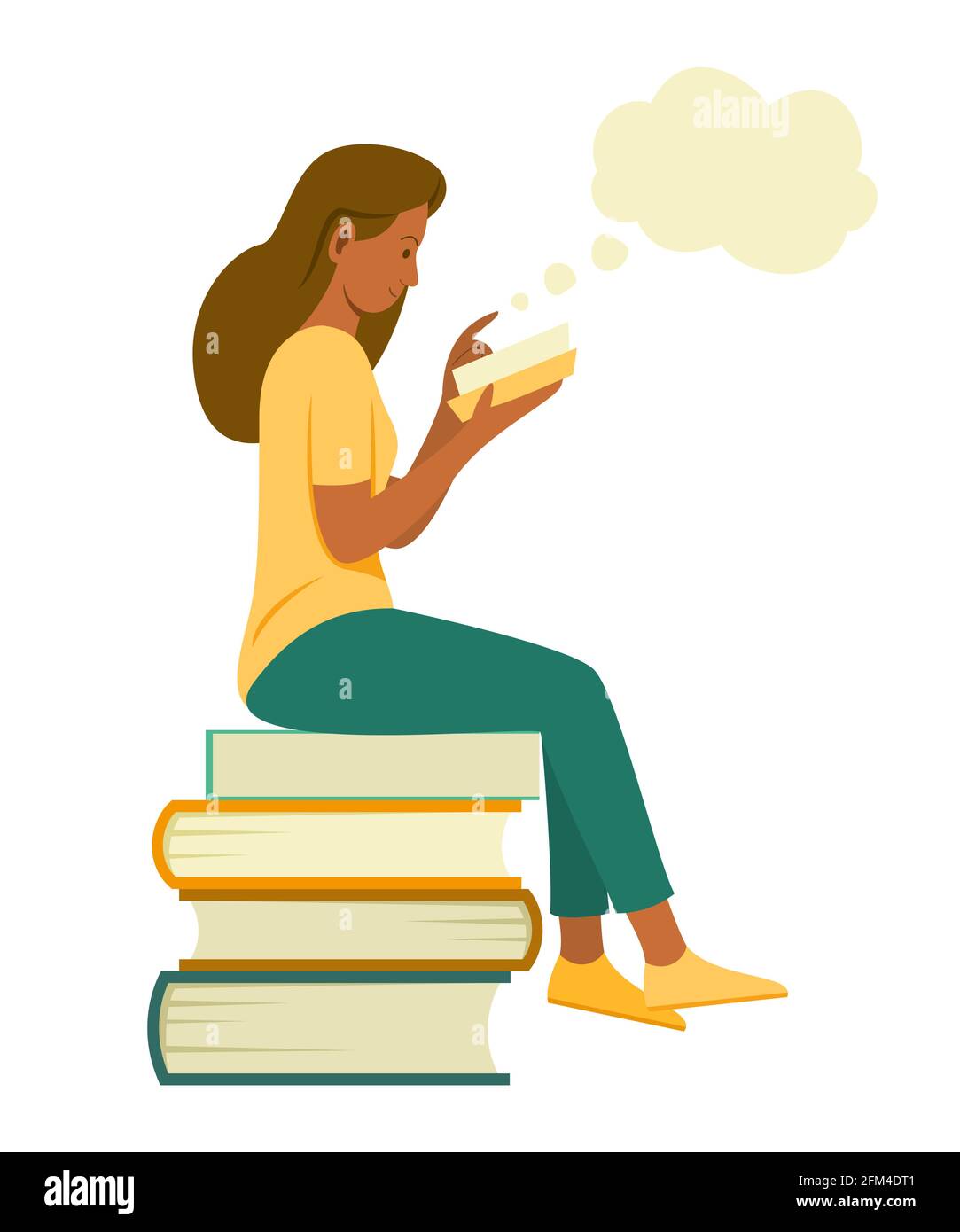 Femme assis sur la pile de grands livres pour lire un livre et pense une bonne idée. Illustration de Vecteur