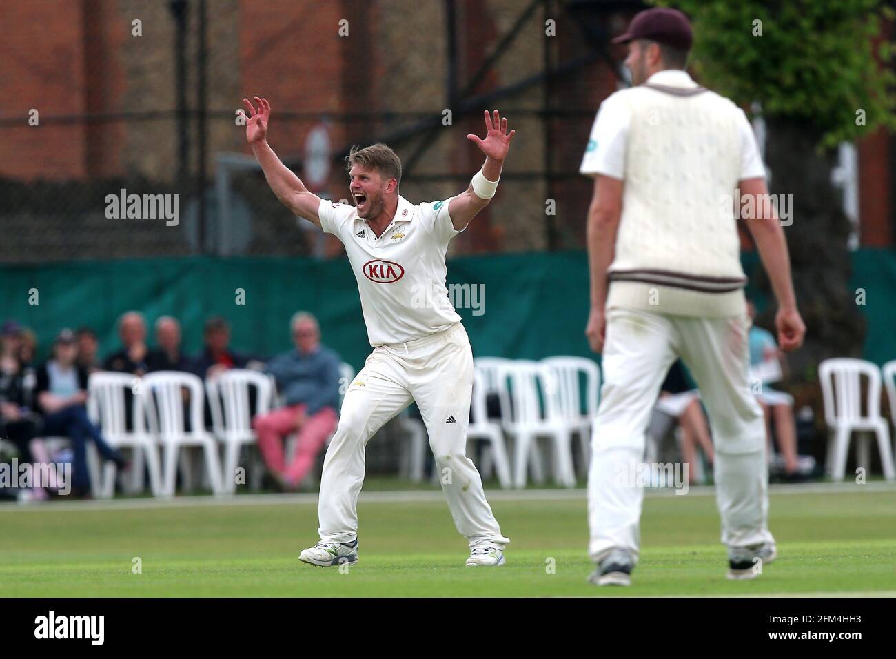 Stuart Meaker, de Surrey, réclame le cricket de Ravi Bopara lors du CCC de Surrey contre le CCC d'Essex, le cricket de la division 1 du championnat du comté de Specsavers à Guildfor Banque D'Images