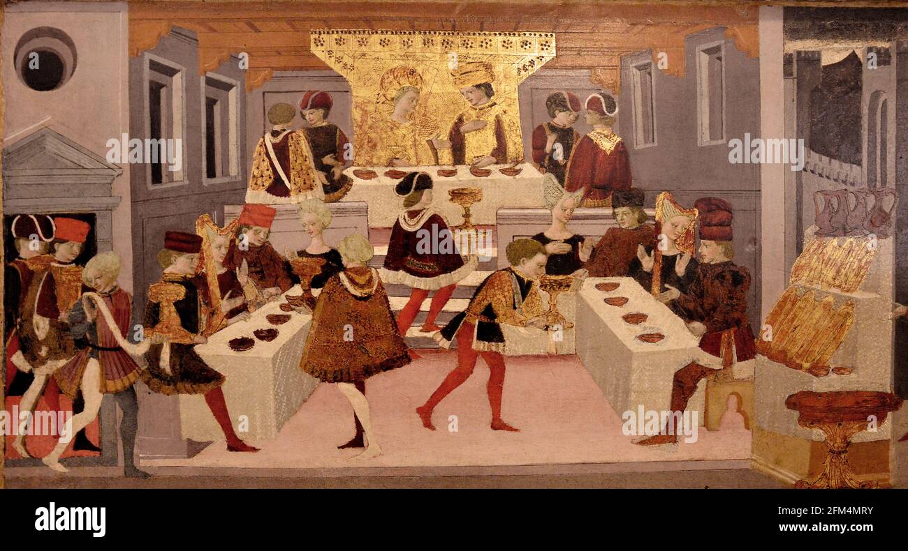 Histoires d'Alatel, le banquet, la première moitié du XVe siècle, par Maestro dei Cassoni di Jarves, huile sur panneau. Banque D'Images