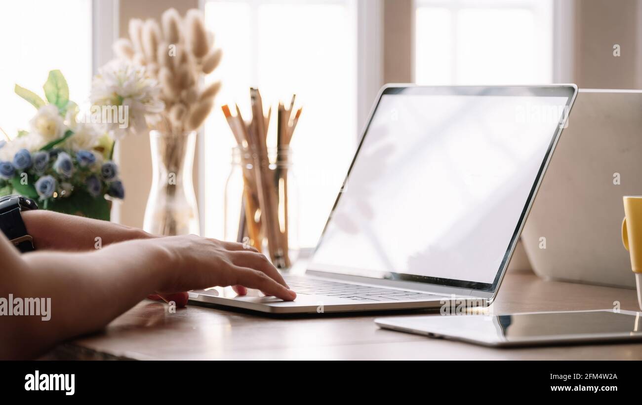 Gros plan jeune femme utilisant son ordinateur portable à la maison, freelance, étudiant, travaillant Banque D'Images