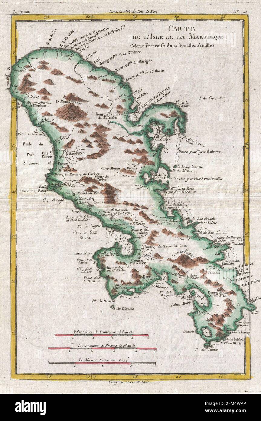 Carte ancienne de Martinique gravée en cuivre du XVIIIe siècle. Toutes les cartes sont magnifiquement colorées et illustrées montrant le monde à l'époque. Banque D'Images