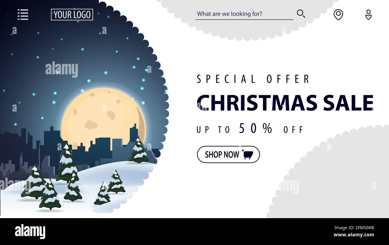 Offre spéciale, solde de Noël, jusqu'à 50 de réduction, magnifique bannière de réduction blanche pour le site Web dans le style blanc minimaliste avec paysage d'hiver sur le backgrou Banque D'Images