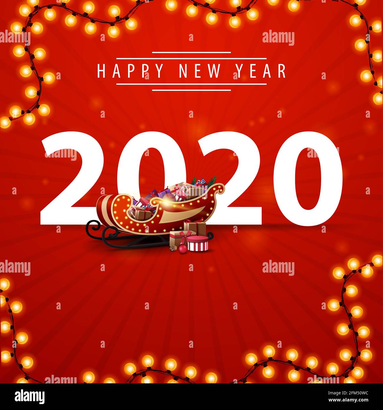 Bonne année, 2020, carte postale carrée rouge avec grands nombres, guirlande et Santa Sleigh avec cadeaux Banque D'Images