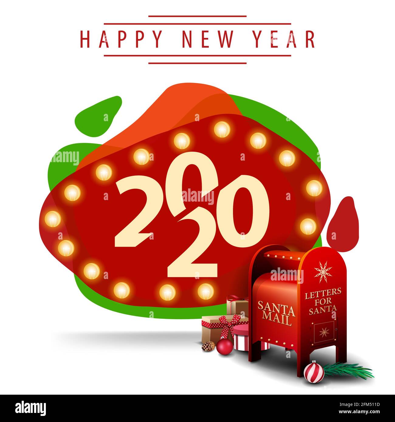 Joyeux nouvel an, 2020, carte postale moderne rouge en forme de lampe de lave avec boîte aux lettres Santa avec des cadeaux isolés sur fond blanc Banque D'Images