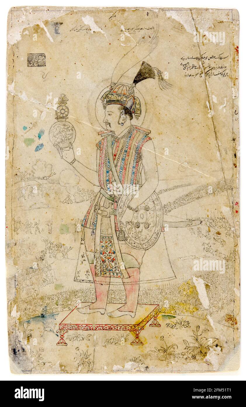 Empereur Jahangir (1569-1627), quatrième empereur moghol, tenant une Orbe, (scène de bataille), dessin de portrait de l'école Mughal, 1700-1725 Banque D'Images