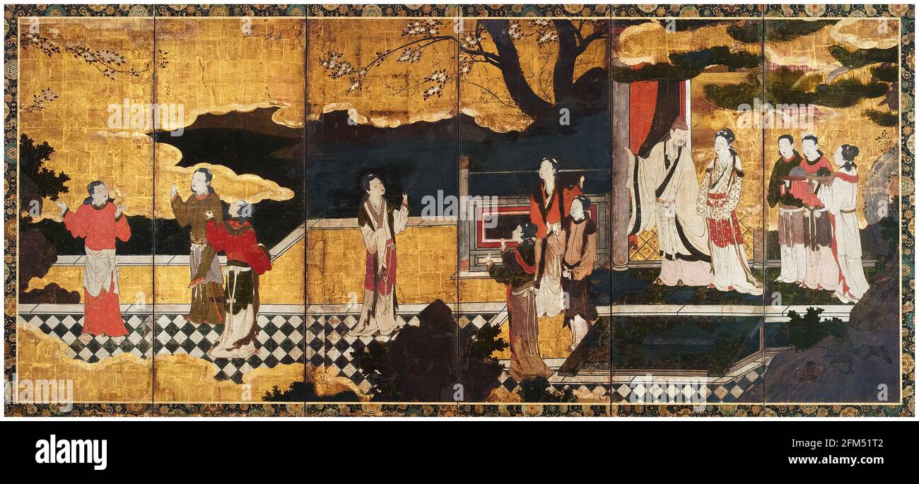L'empereur chinois Xuanzong de Tang (685-762), et Concubine Yang Guifei (719-756), avec des accompagnateurs sur une terrasse, peinture par Kano Eitoku, 1550-1590 Banque D'Images