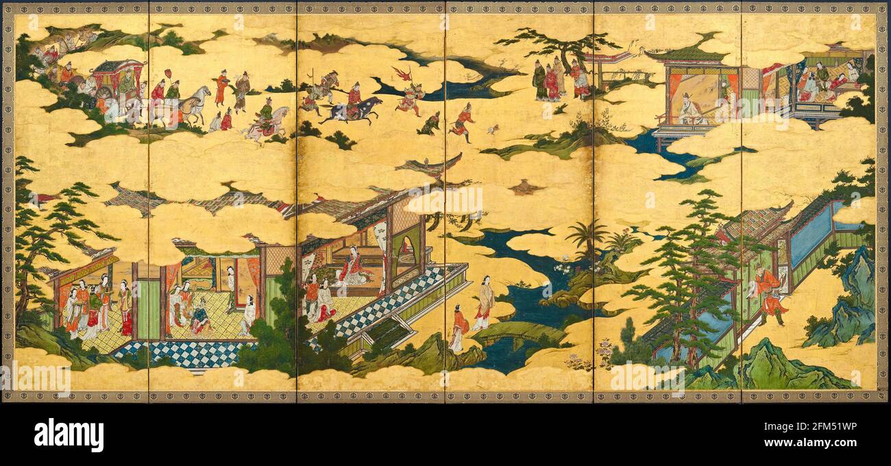 Scènes de la vie de l'empereur chinois Xuanzong de Tang (685-762), et de son consort Yang Guifei (719-756), peinture par Kano Mitsunobu, 1580-1608 Banque D'Images