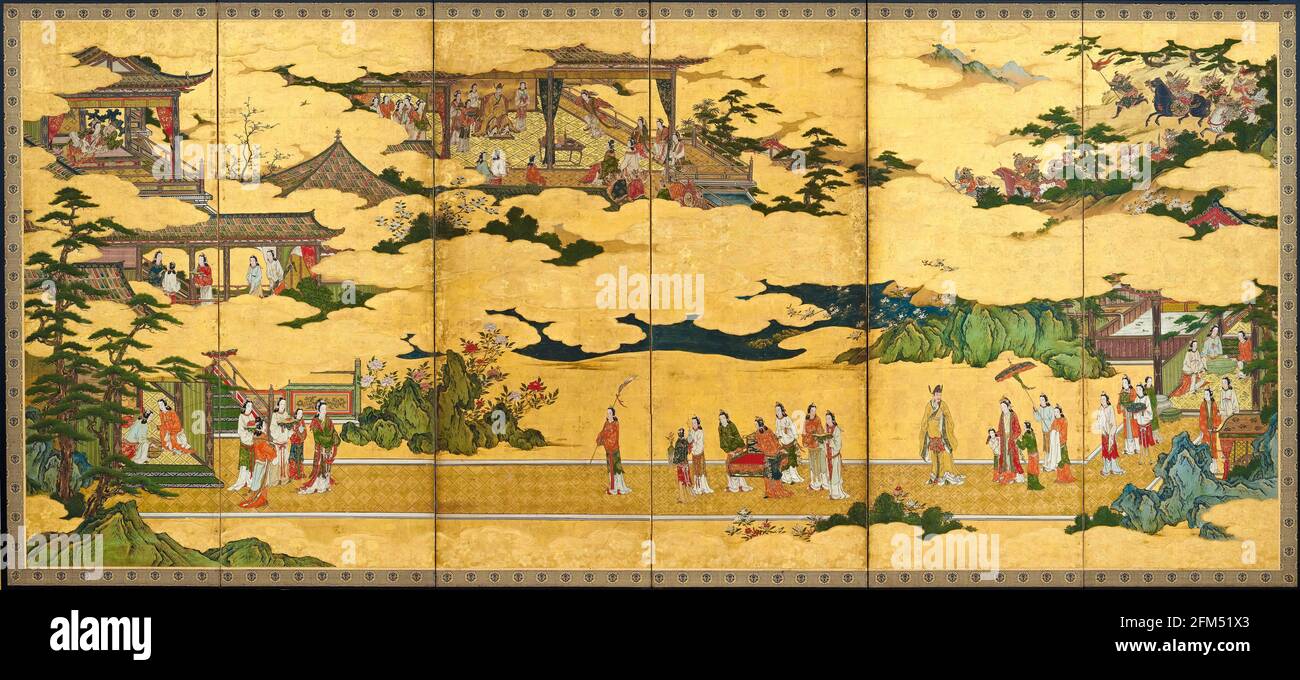 Scènes de la vie de l'empereur chinois Xuanzong de Tang (685-762), et de sa concubine Yang Guifei (719-756), peinture par Kano Mitsunobu, 1580-1608 Banque D'Images