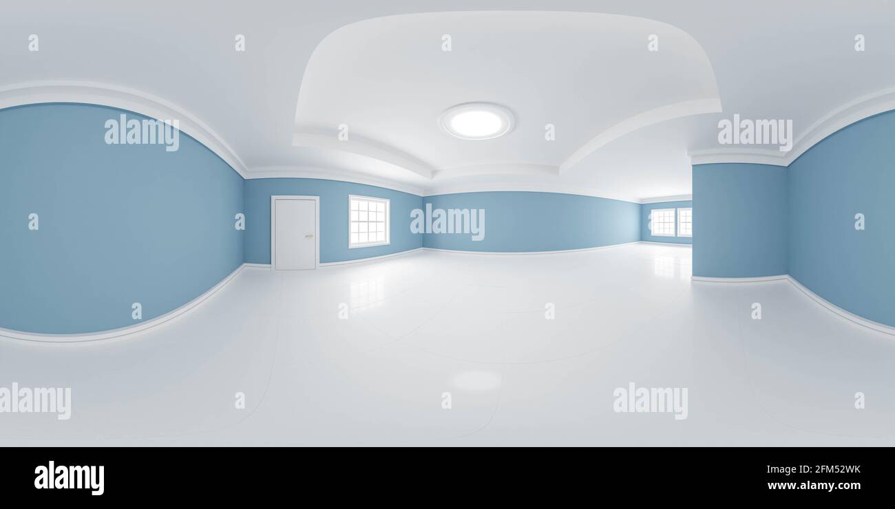 panorama complet 360 de la chambre vide design classique avec blanc les planchers et les murs bleus 3d rendent l'illustration hdri hdr vr style Banque D'Images