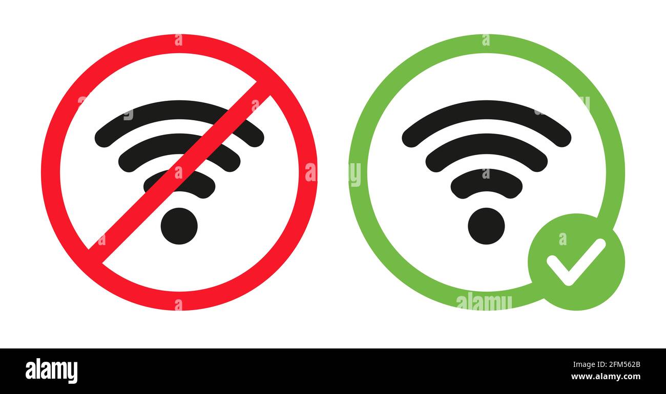 Illustration vectorielle à plat des signes wifi autorisés et interdits.  Symboles de réseau sans fil. Bonne ou mauvaise connexion. Icônes Wi-fi dans  un cercle rouge barré, dans un cercle vert. Permis Internet