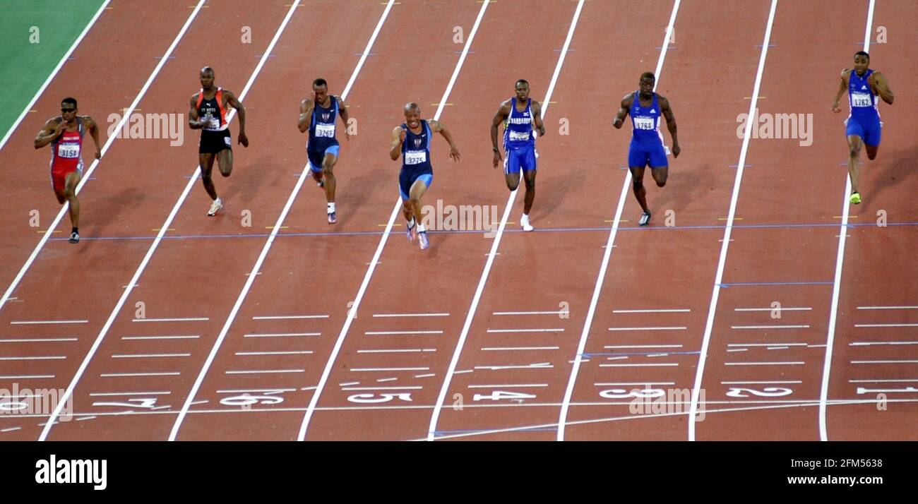 LES JEUX OLYMPIQUES À SYDNEY SEPTEMBRE 2000 ATHLÉTISME 100M FINAL L-R ATO BOLDON, KIM CILLINS, JONATHAN DRUMMOND, MAURICE GREEN, OBADELE THOMPSON, DWAIN CHAMBERS ET DARREN CAMPBELL Banque D'Images