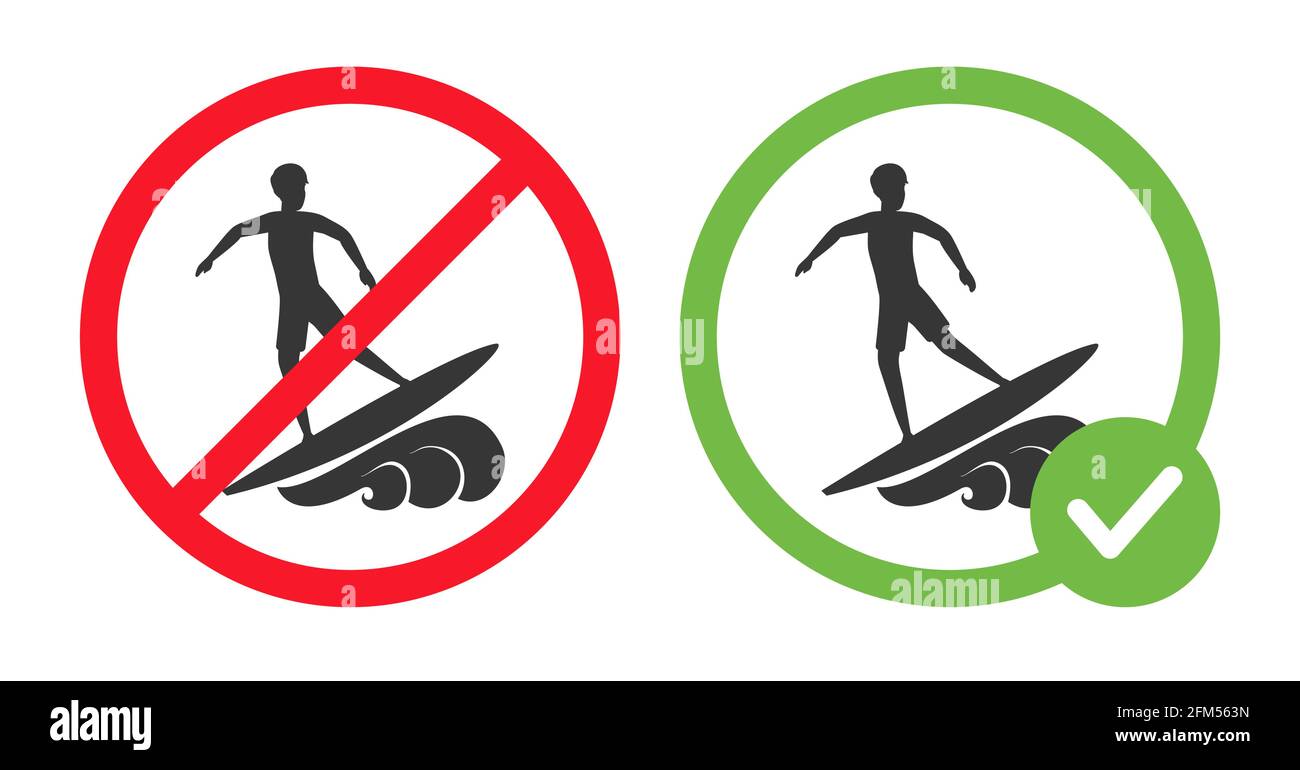 Signes de surf autorisés et interdits vecteur illustration plate isolée sur fond blanc. Homme fait des vagues à la planche de surf, permis de surf. Icônes de sports nautiques dans les cercles rouges barrés et dans les cercles verts. Illustration de Vecteur