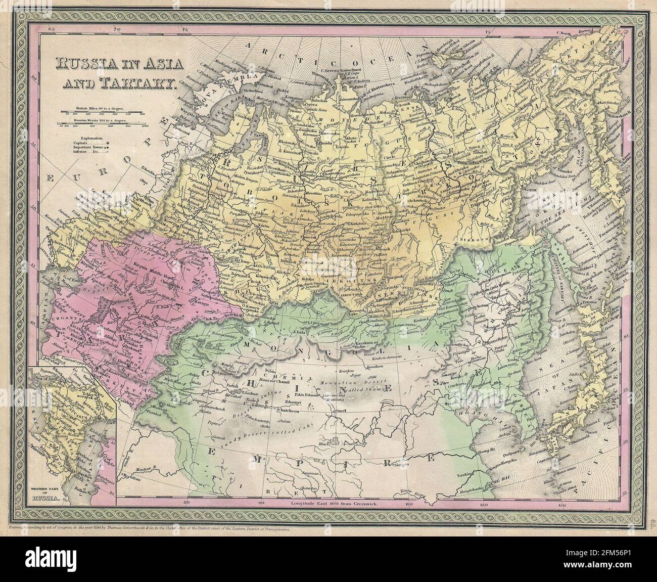 Carte ancienne de Russie gravée en cuivre du XIXe siècle. Toutes les cartes sont magnifiquement colorées et illustrées montrant le monde à l'époque. Banque D'Images