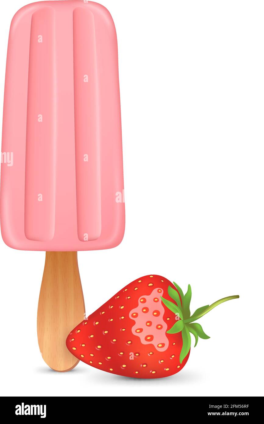 Glace rose avec bâton de popsicle. Fraise réaliste isolée sur fond blanc. Illustration de Vecteur