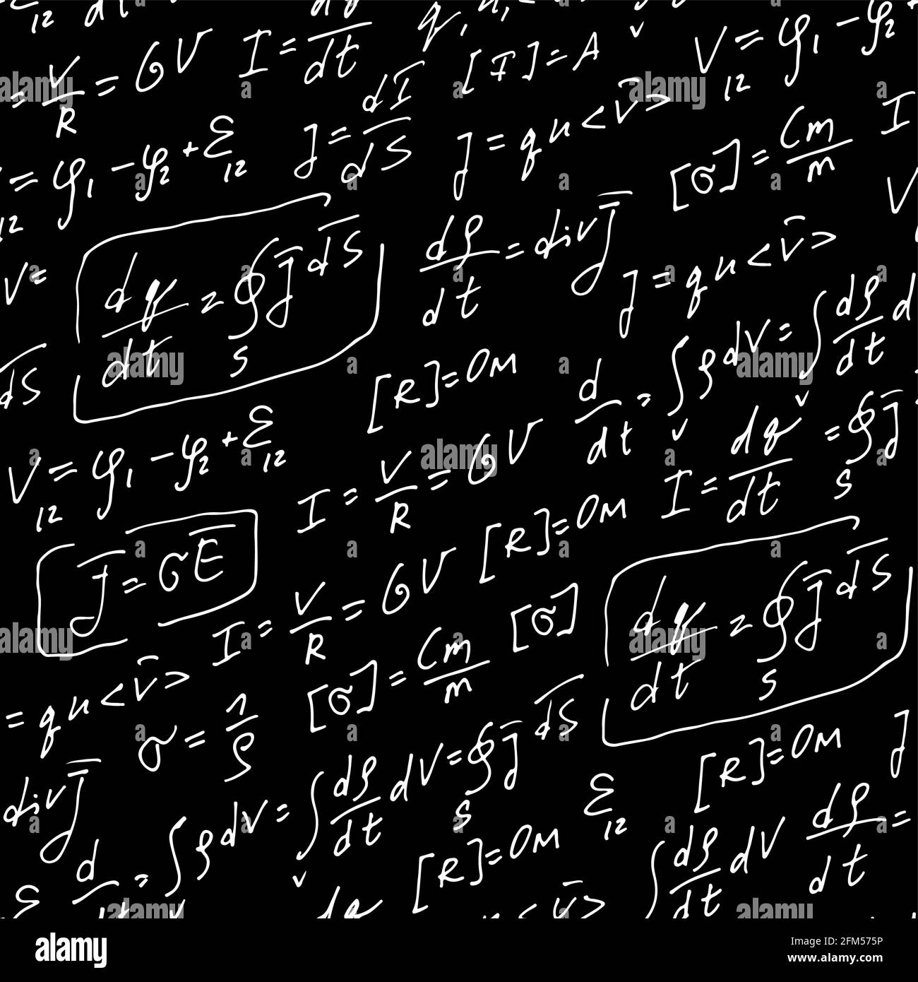 Formules de physique motif vectoriel manuscrit, arrière-plan abstrait sans couture, équations dessinées à la main isolées sur fond noir craie, scientifique, edumat Illustration de Vecteur