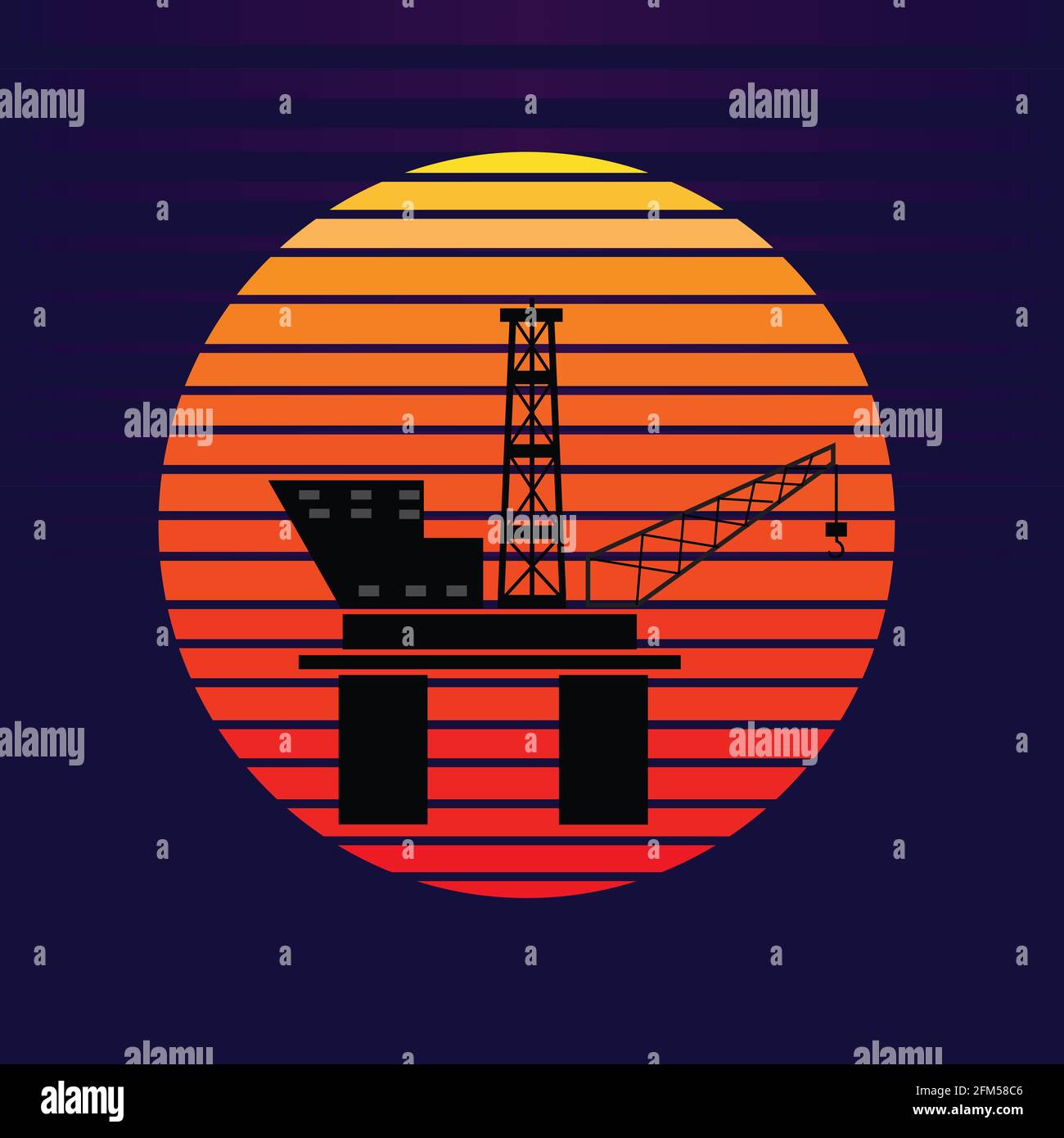 Vecteur de la plate-forme pétrolière offshore sur fond de coucher de soleil. Logo silhouette de la compagnie pétrolière et gazière Illustration de Vecteur