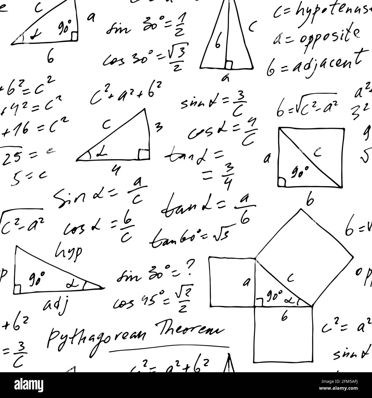 Scénario vectoriel trigonométrique manuscrit sans couture, formules mathématiques monochromes dessinées à la main isolées sur fond blanc, mathématiques, géométriques Illustration de Vecteur