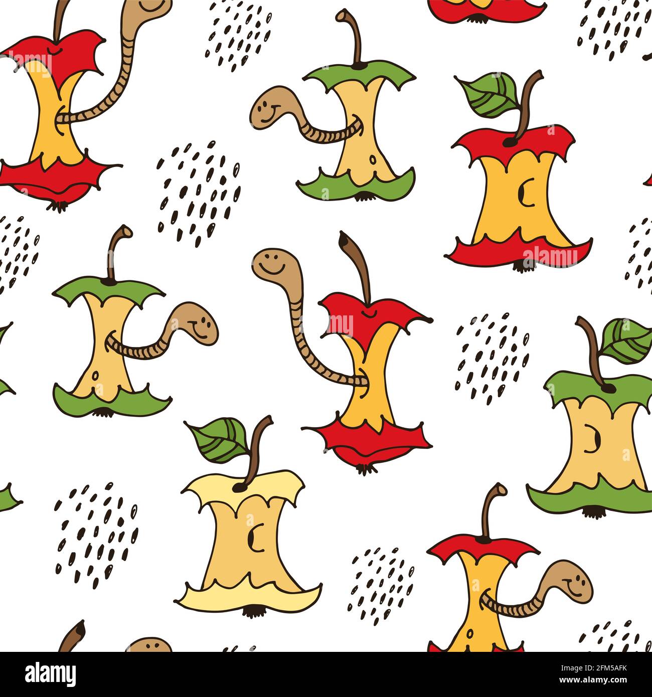 Vers de dessin animé dans le coeur de pomme sans couture motif, dessin à la main illustration vectorielle isolée sur fond blanc Illustration de Vecteur