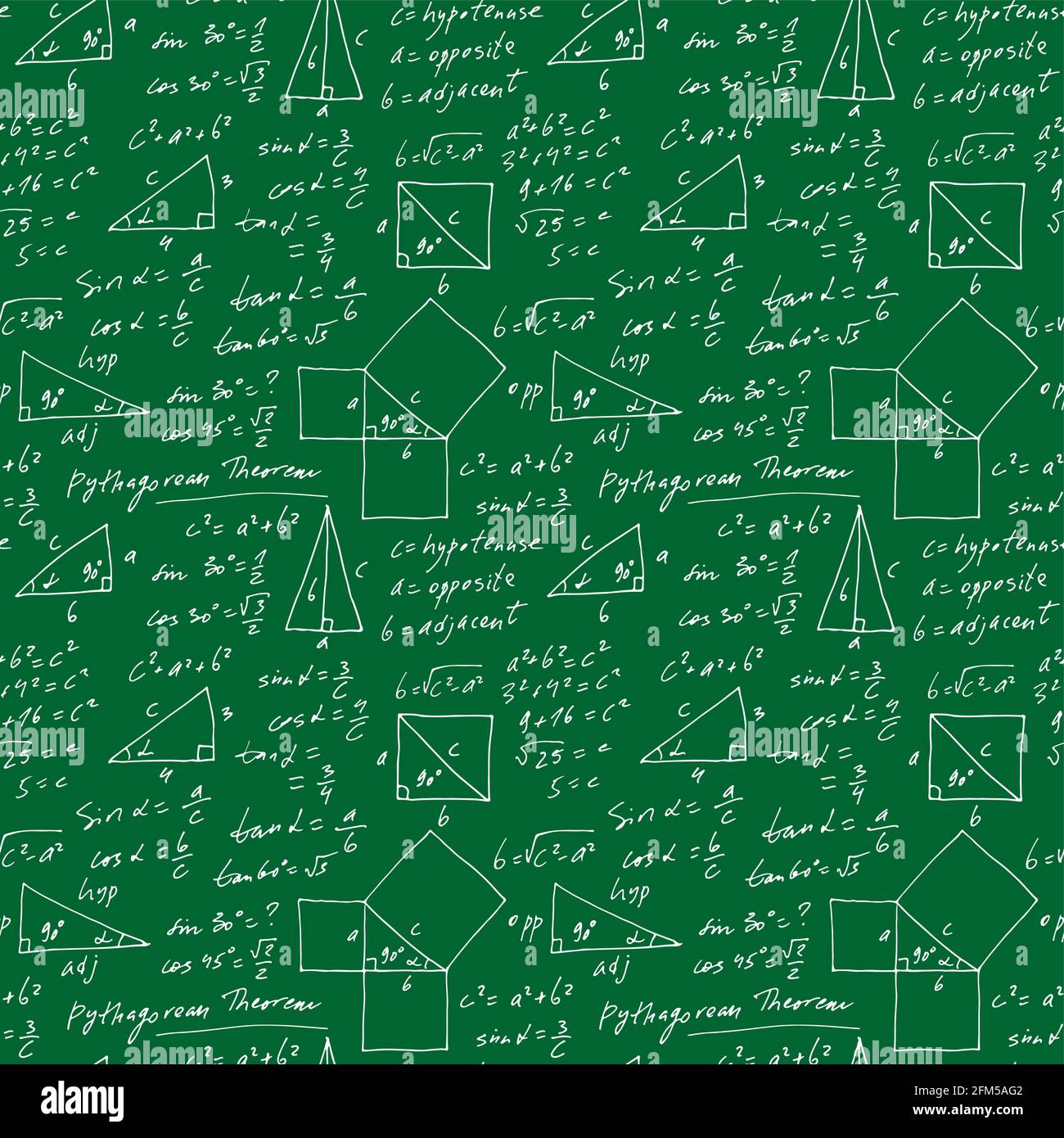 Scénario vectoriel trigonométrique manuscrit sans couture, formules mathématiques monochromes dessinées à la main isolées sur fond vert, mathématiques, géométriques Illustration de Vecteur