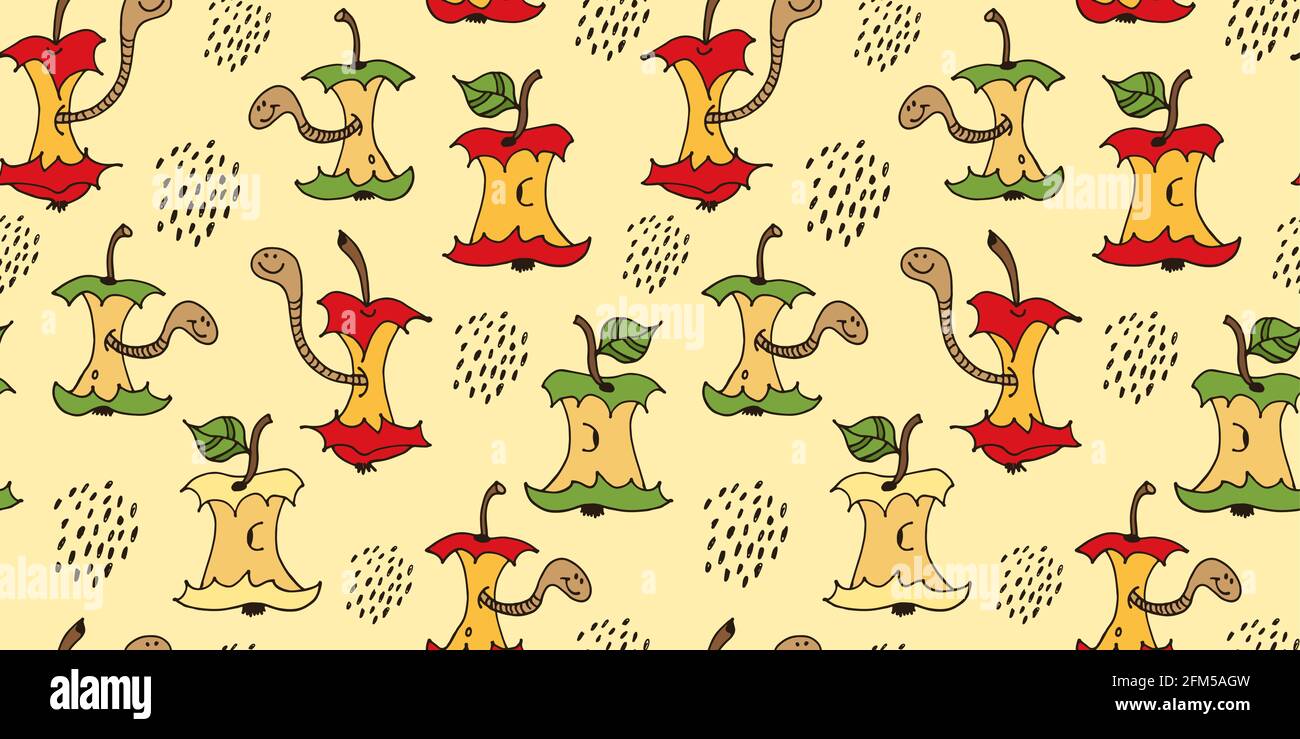 Vers de dessin animé dans le coeur de pomme sans couture, dessin à la main illustration vectorielle isolée sur fond jaune Illustration de Vecteur