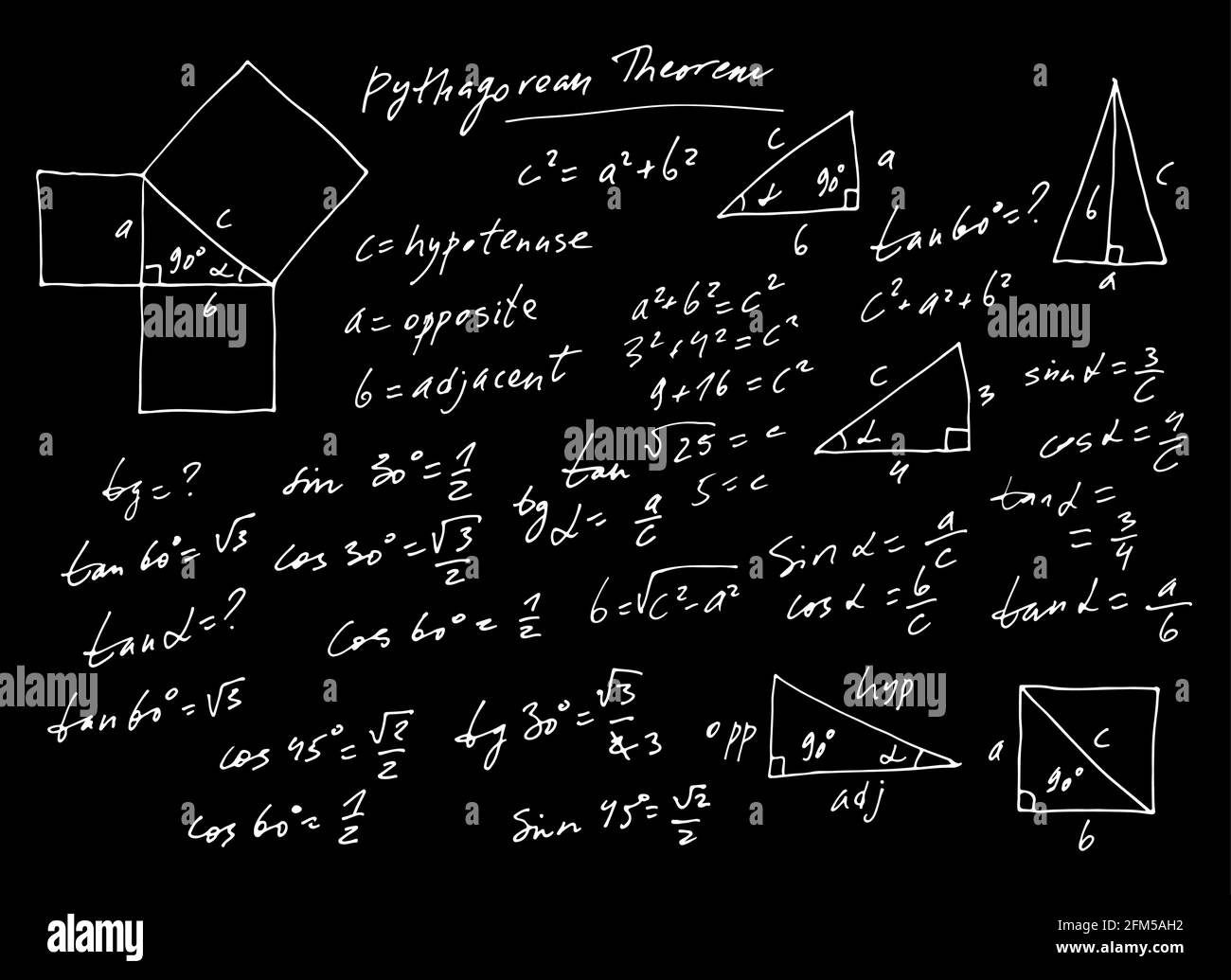 Jeu de vecteurs trigonométriques manuscrits, formules mathématiques monochromes dessinées à la main isolées sur fond noir, mathématiques, scientifiques, géométriques Illustration de Vecteur