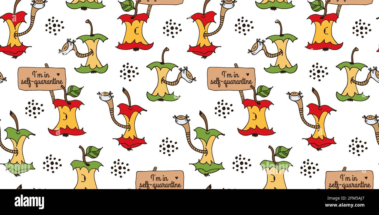 Vers de dessin animé dans le noyau de pomme dans les masques de visage en quarantaine, dessin à la main vecteur fond sans couture Illustration de Vecteur