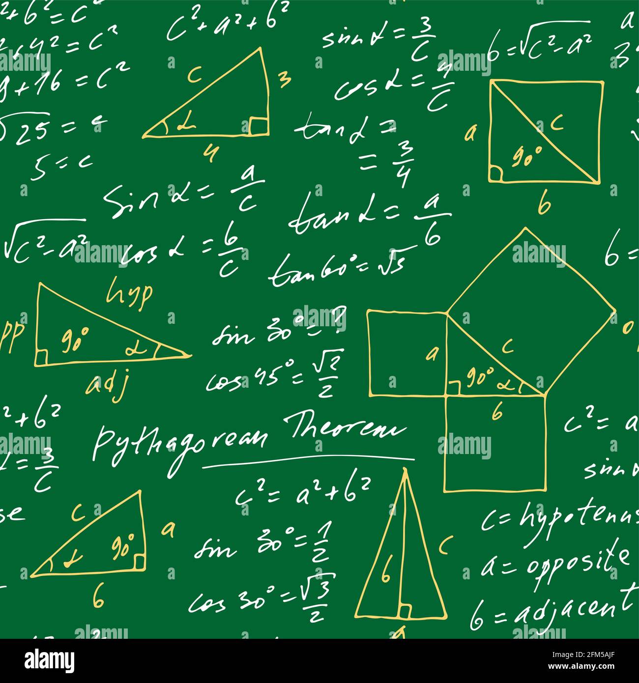 Scénario vectoriel trigonométrique manuscrit sans couture, formules mathématiques monochromes dessinées à la main isolées sur fond vert, mathématiques, scientifiques Illustration de Vecteur