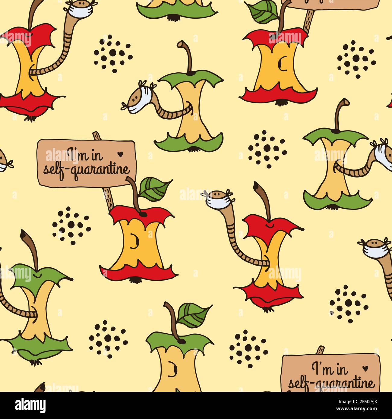 Vers de dessin animé dans le noyau de pomme dans les masques de visage en quarantaine, dessin à la main vecteur fond sans couture Illustration de Vecteur