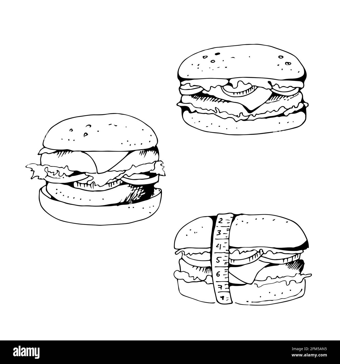 Jeu de croquis Burger Vector, illustration alimentaire isolée sur fond blanc Illustration de Vecteur