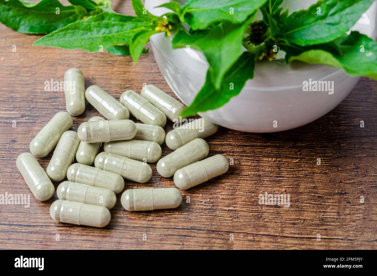 Pile de plantes médicinales en capsules et mortier céramique avec feuille verte sur fond de bois. Banque D'Images