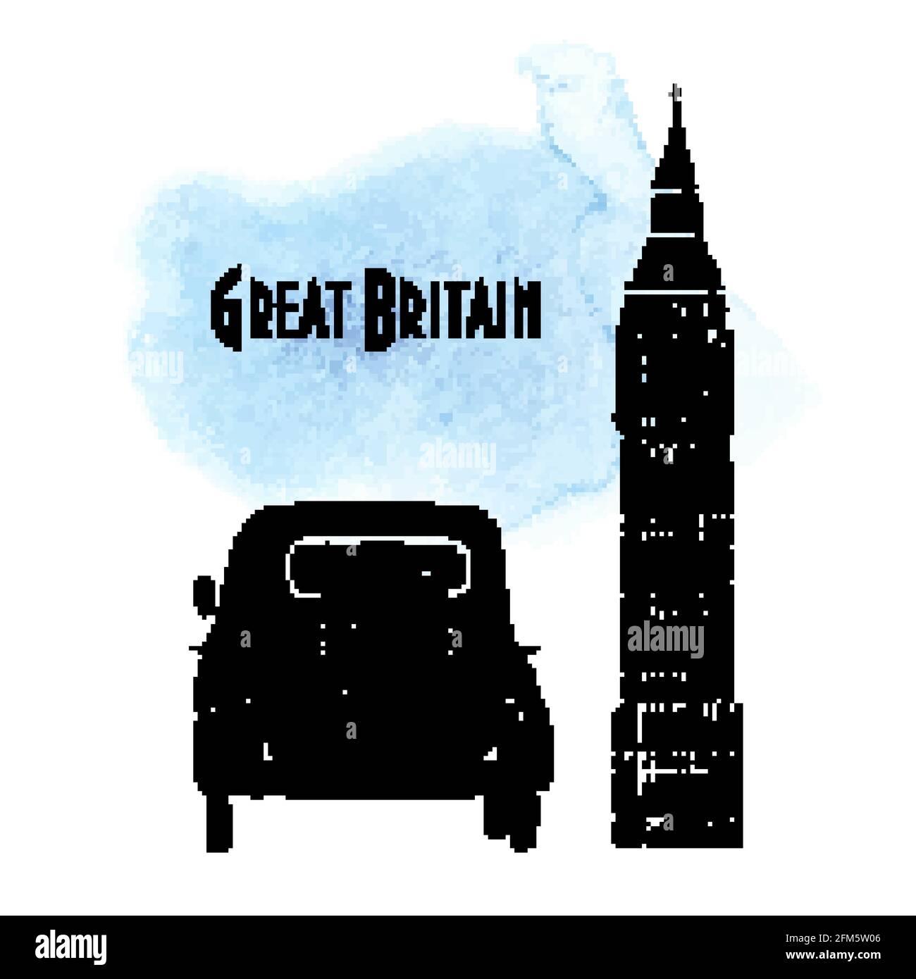 Illustration vectorielle rouge Old car et Elizabeth Tower à Londres, automobile rétro dessinée à la main sur fond aquarelle avec silhouette de Big Ben et de tex Illustration de Vecteur