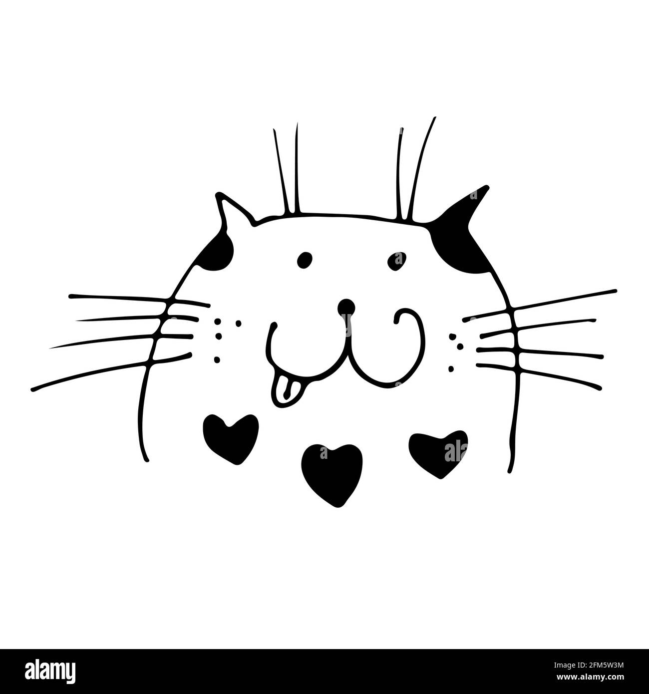 Illustration Du Vecteur De Face De Chat Dessin De Chat A La Main Avec Des Taches De Coeur Noir Et La Langue De Collage Isolee Sur Fond Blanc Image Vectorielle Stock