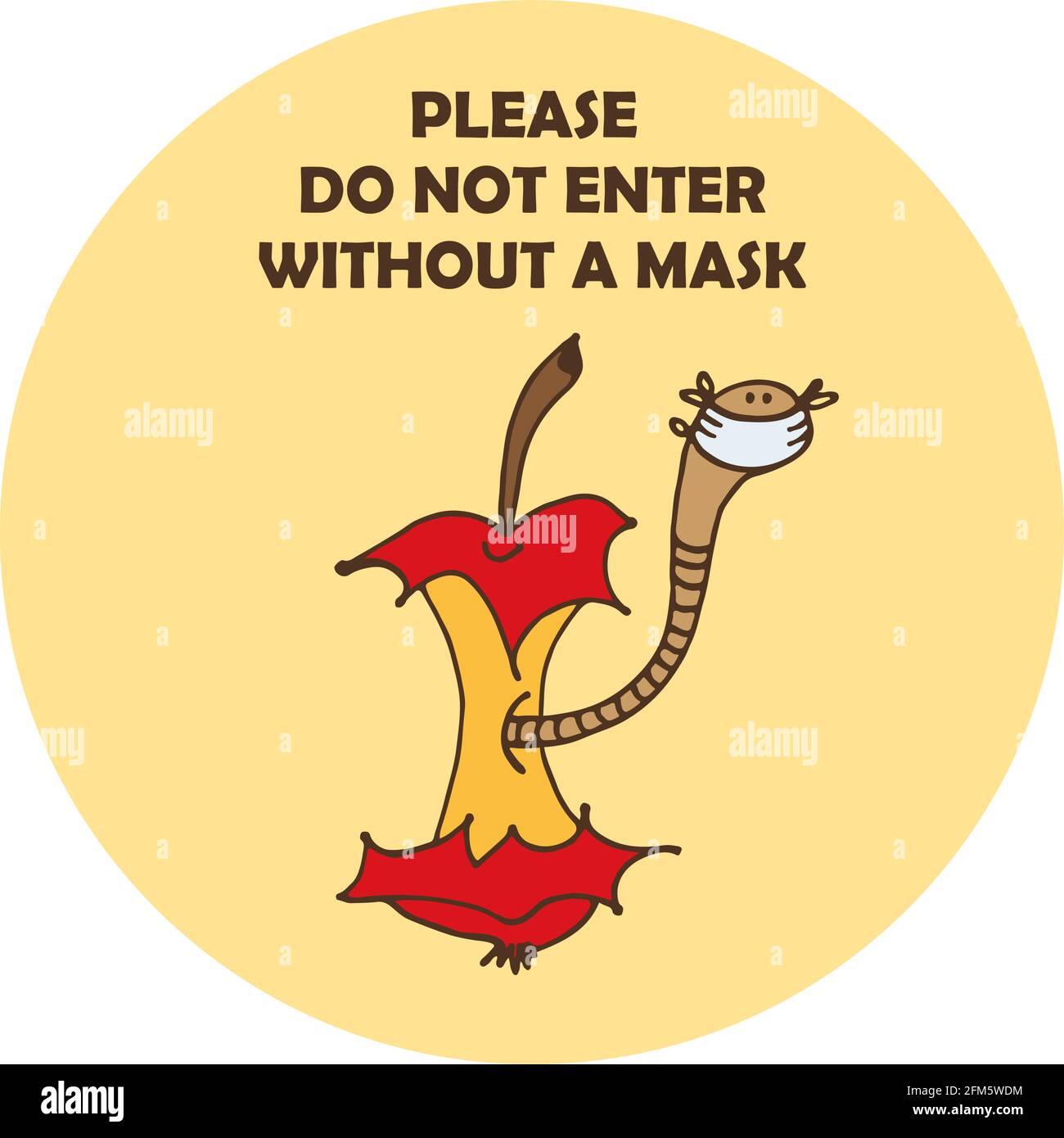 Ver dans les masques de visage dans l'illustration du vecteur de noyau de pomme, isolé sur fond jaune avec du texte Veuillez ne pas entrer sans masque Illustration de Vecteur