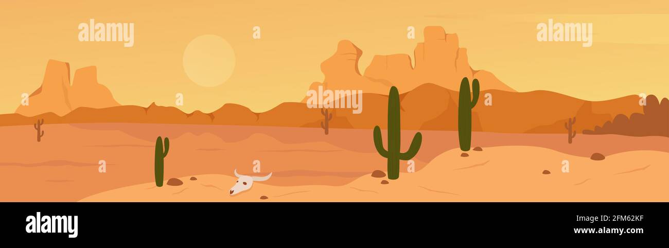 Mexique, Texas ou Arisona désert nature large panorama paysage illustration vectorielle. Dessin animé plat désert sec avec des rochers de montagne dunes, des cactus, une scène sauvage chaude de prairie de l'ouest, la nature sauvage. Illustration de Vecteur
